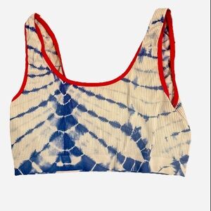 Blue Tie-Dye Ribbed Crop Top with Red Trim – Y2K Style